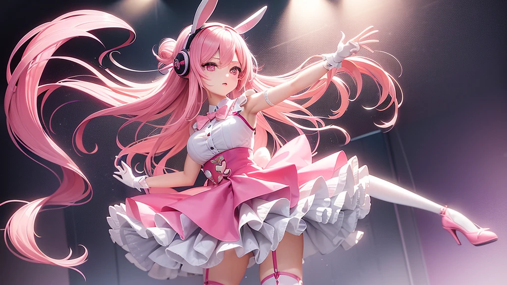 A woman with pink hair, long flowing hair, a mannequin figure, has rabbit bow robot headphones and pink eyes, has a cute face, wears a white sleeveless shirt with a pink skirt attached.  There's a pink tie. Wear white gloves, pink cuffs, and long white stockings. Pink high heels Standing and posing like an idol