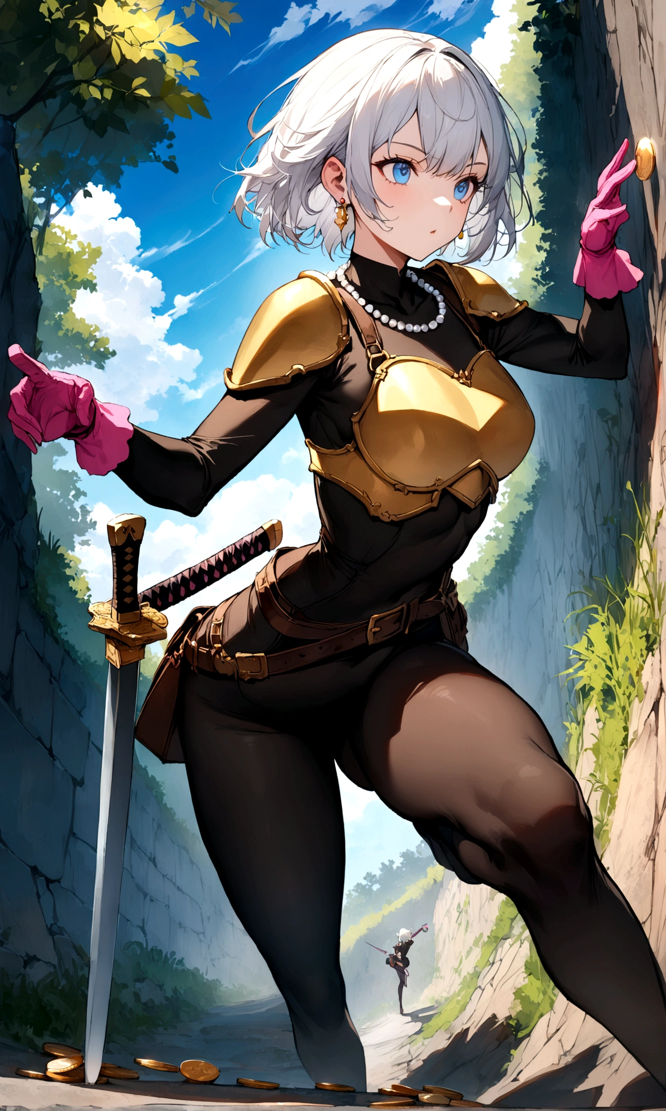 (masterpiece, best quality:1.1), 1girl, solo, short hair, white hair, blue eyes, medium breasts, pink gloves, jewelry, pearl necklace, earrings, belt, sword, yellow breastplate, black bodysuit, bag, (coin, sword on hip:1.2), (ditch angle, dynamic pose, from side:1.3), (blue skies, nature:1.2) 