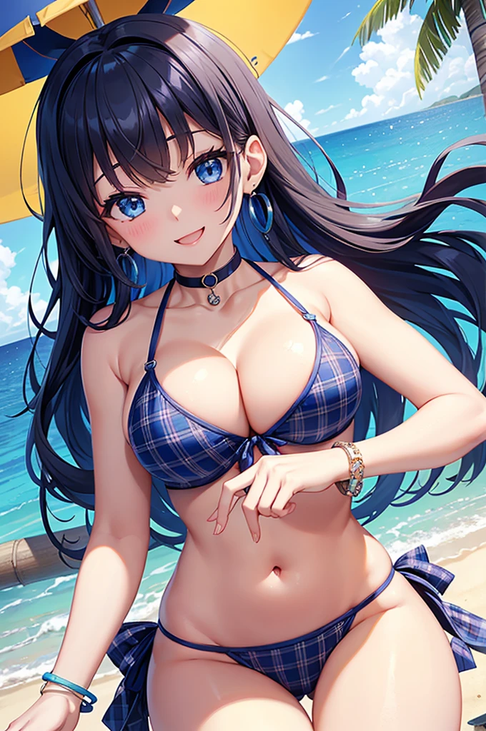Highest quality、Highest quality、masterpiece、Beauty(Age 25)、(8K),Navy blue long hair、blue eyes、Sexy plaid bikini、Big cleavage、(Big Breasts),smile、blue necklace、Blue Earrings、background(Beach)、Please open your mouth wide、Plaid headband、bracelet、Dynamic pose、Blue choker