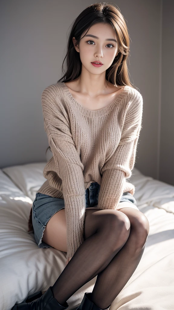 (In 8K、RAW photo、highest quality、realistic、Photoreal, look at the viewer, light shines on your face, gray background), 22-year-old female, Japanese, youthful radiance, almond-shaped eyes, soft brows, light pink lipstick, natural makeup. Casual hairstyle, cozy knit sweater, denim skirt, black tights, ankle boots, minimalist watch.