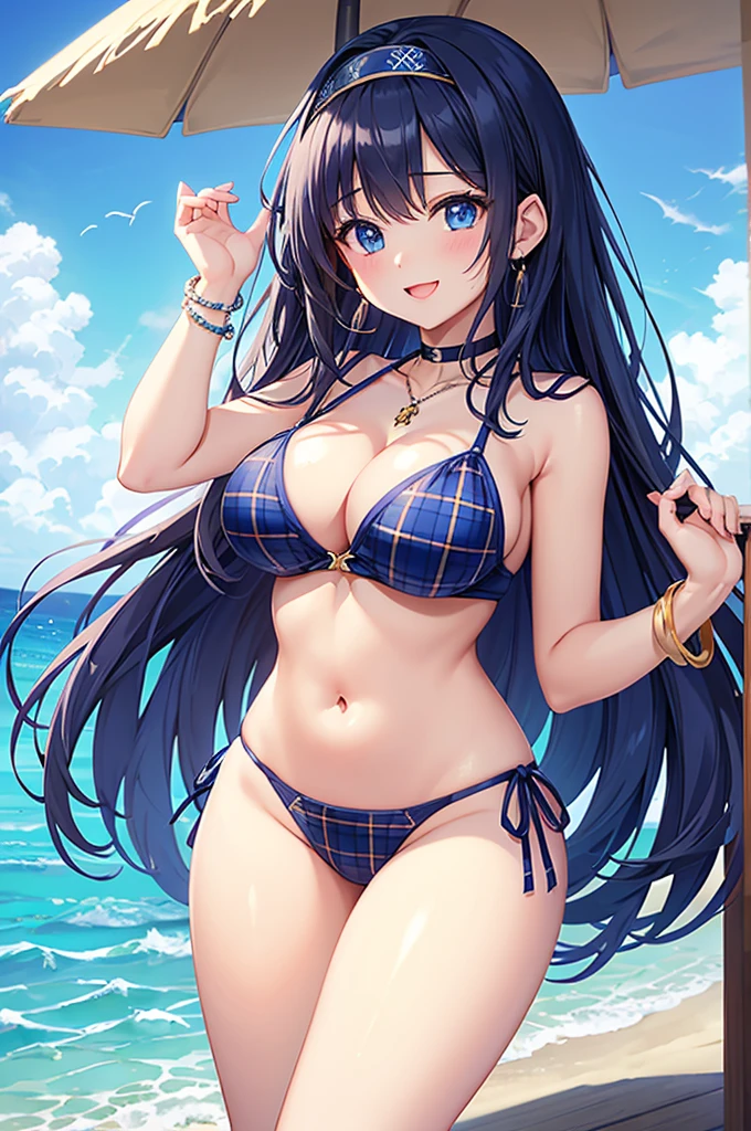 Highest quality、Highest quality、masterpiece、Beauty(Age 25)、(8K),Navy blue long hair、blue eyes、Sexy plaid bikini、Big cleavage、(Big Breasts),smile、blue necklace、Blue Earrings、background(Beach)、Please open your mouth wide、Plaid headband、bracelet、Dynamic pose、Blue choker