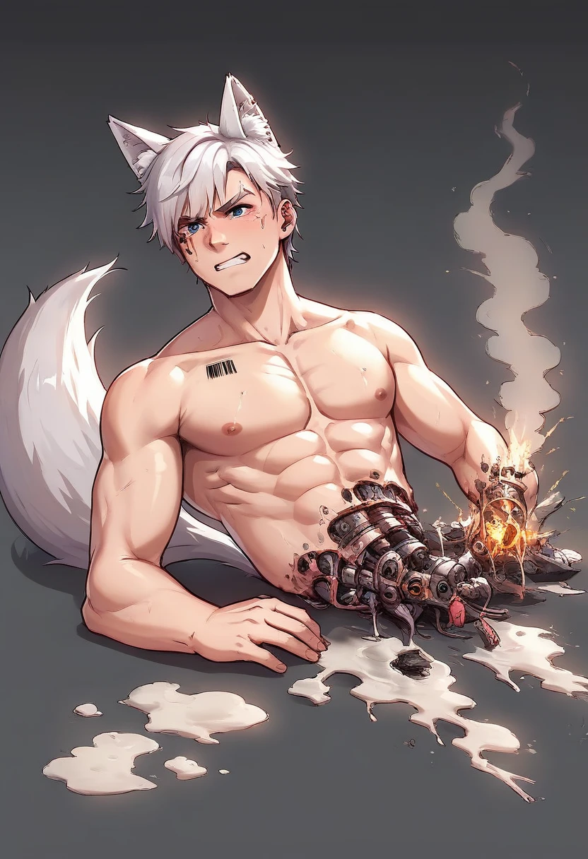 score_9, score_8_up, score_7_up, score_6_up, score_5_up, score_4_up BREAK anime, anime style, uploaded on danbooru, uploaded on pixiv, BREAK barcode tattoos, (mechabare:1.2, broken, damaged, heavily damaged, destroyed, dismembered, dismemberment, severed, severed limbs, severed body, amputee, amputated, missing limbs, robot gore, robot guro), solo, male, young, extremely muscular, muscle, abs, pecs, short messy bright white hair, fox ear, animal ear, fix tail, detailed eyes, hard nipples, huge uncircumcised erect penis with foreskin, erection, component, mechanical parts, mechanical component, lying, lying on the ground, leaning back to pile of box, pile of trash, dark dim alleyway ground, dark dim alleyway background, oil, machine oil, pool of oil, leaking oil, dripping oil, smoke, spewing smoke, spark, electrical sparks, electricity, angry expression, looking away, BREAK good quality, best quality, high quality, high definition, hd, 4k, 8k, masterpiece, intricate, extremely intricate, intricate details