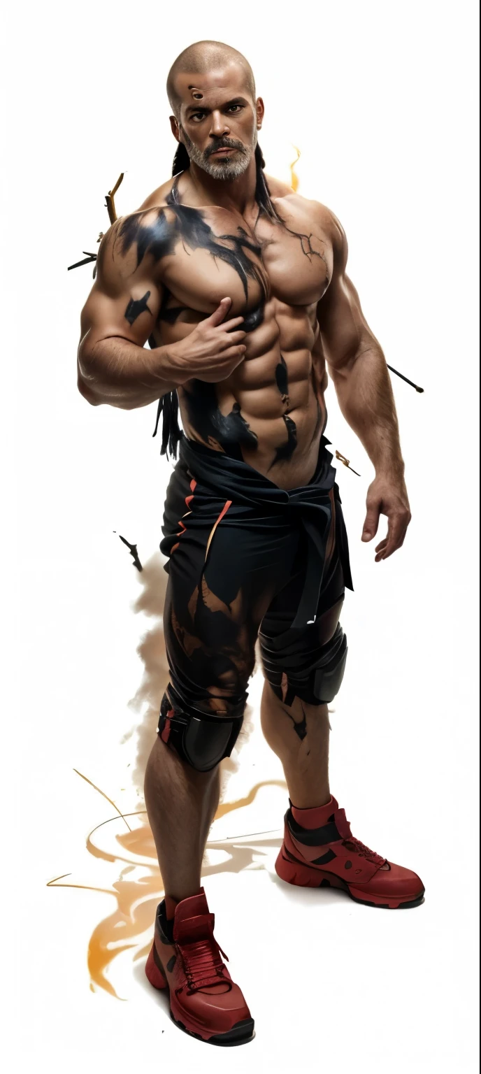 Photorealistic, handsome male model, masculine guy, mixed race, (angry:1.3), ( 44 year old:1.9), ((best quality)), ((masterpiece)), (detailed), (barechested:1.4) Create an illustrated portrait of young Airo from "Avatar: The Last Airbender". Illustrate him with a strong square jawline, gaunt cheeks, and skinny face, shirtless, with attention to detail on his ( red burn scar on his eye:1.5), (golden yellow eyes:1.2), he is a pyromancer, fire bender, with, bold , (messy fringe:1.5), and a toned, muscular physique that reflects his training and determination. Capture his expression, reflecting his internal conflict and growth throughout the series. The background should be dark and incorporate bending fire. Utilize dark colors and bold