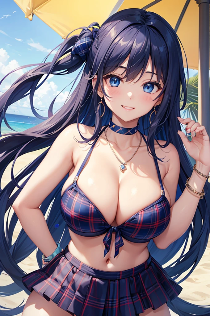 Highest quality、Highest quality、masterpiece、Beauty(Age 25)、(8K),Navy blue long hair、blue eyes、Sexy plaid bikini、Big cleavage、(Big Breasts),smile、blue necklace、Blue Earrings、background(Beach)、Please open your mouth wide、Plaid headband、bracelet、Dynamic pose、Blue choker