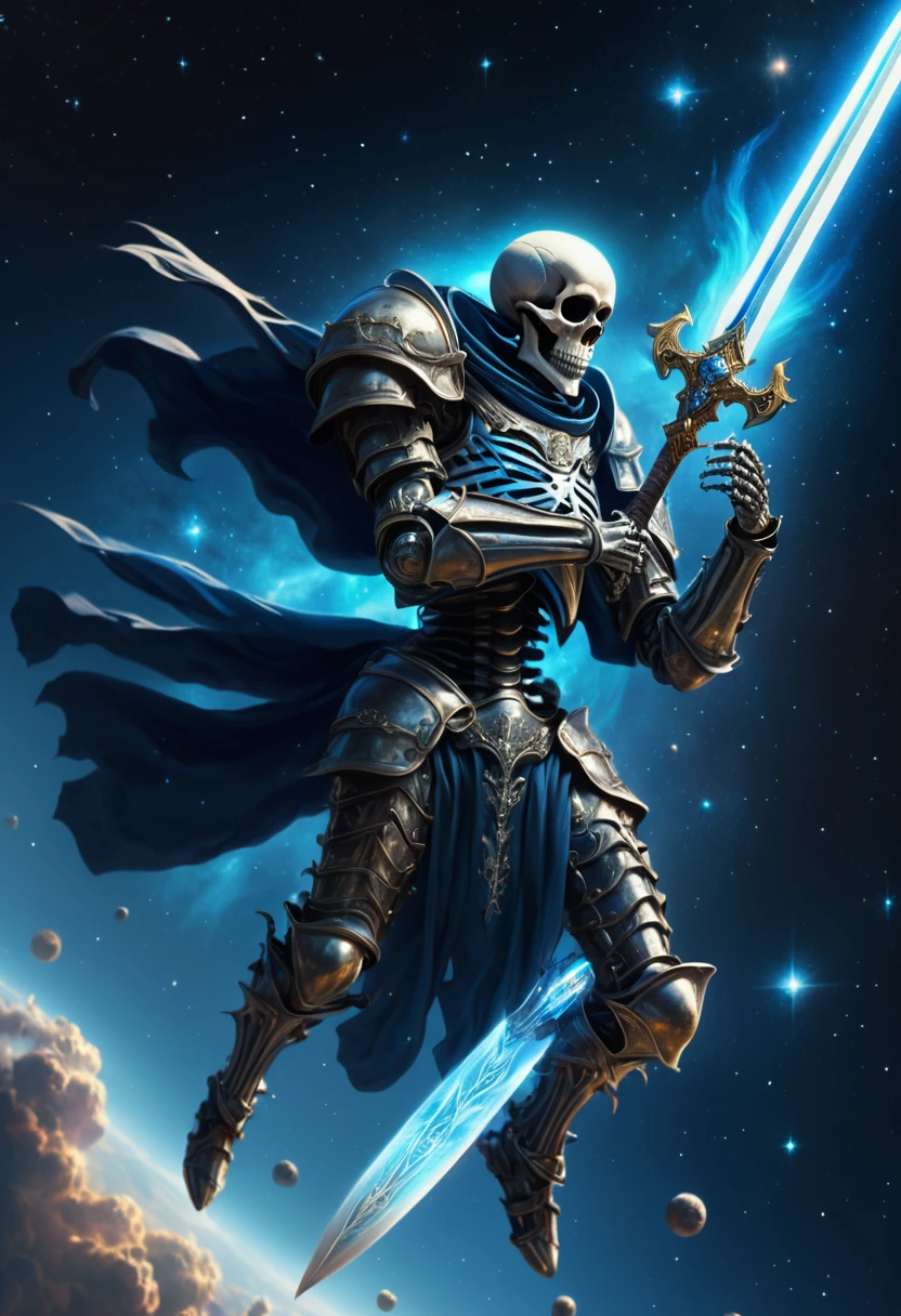 A skeleton man floating in space wearing medieval armour, holding a blue sword 