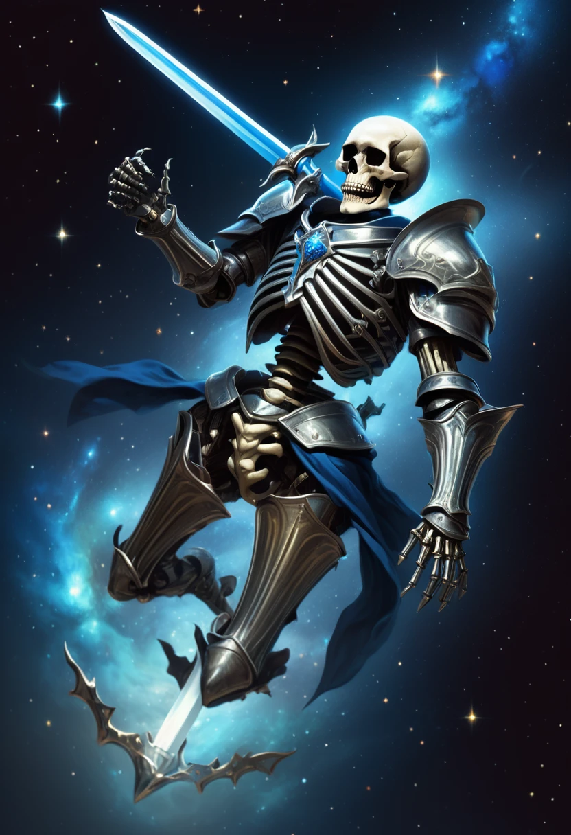 A skeleton man floating in space wearing medieval armour, holding a blue sword