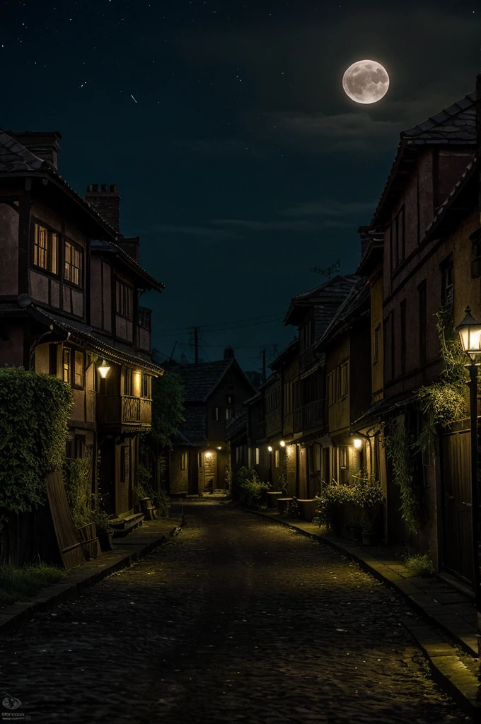 Dark village night - A silent village under a dark, moonless sky, with dim lights flickering in a few houses.