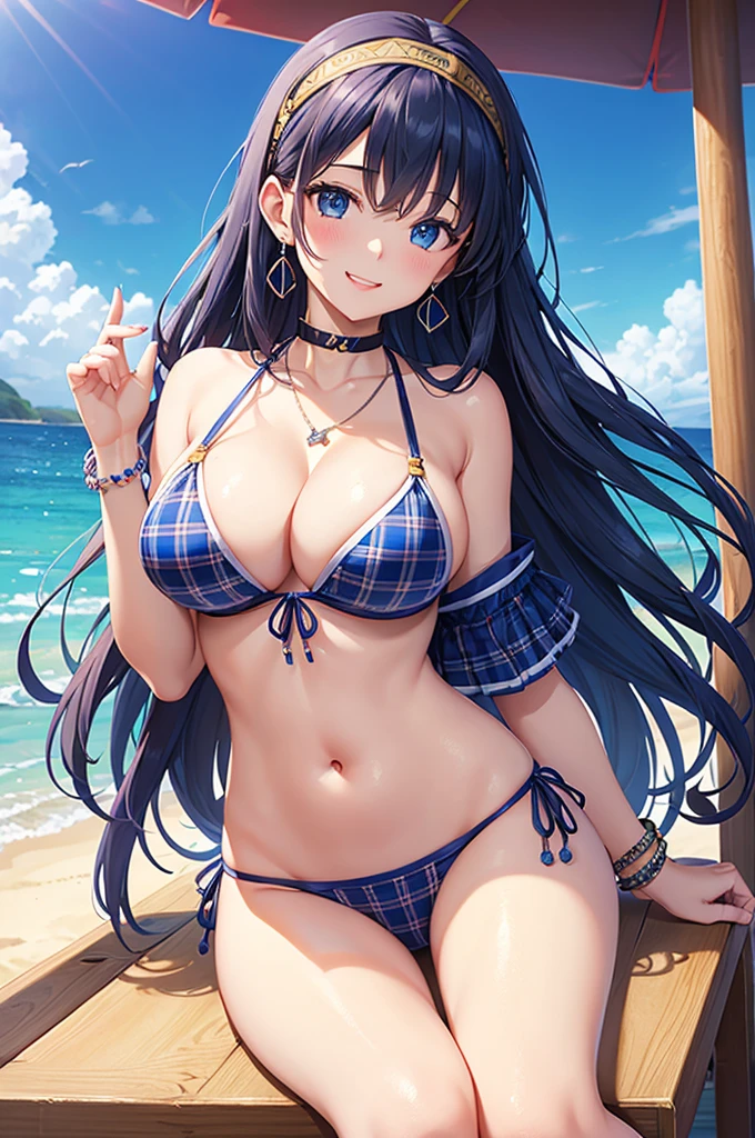 Highest quality、Highest quality、masterpiece、Beauty(Age 25)、(8K),Navy blue long hair、blue eyes、Sexy plaid bikini、Big cleavage、(Big Breasts),smile、blue necklace、Blue Earrings、background(Beach)、Please open your mouth wide、Plaid headband、bracelet、Dynamic pose、Blue choker