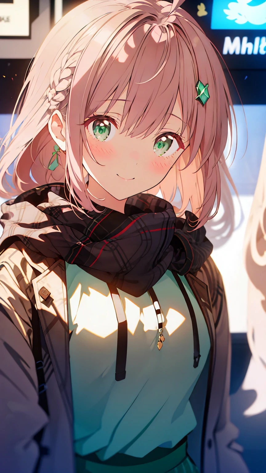 {{{{tmasterpiece}}}}, {{{ultra - detailed}}}, {{{A high resolution}}}, {{Good anatomy}}, (((Best quality at best))), ((Maximalism)),((Emerald eyes,with pink hair)),{{Extremely detailed and refined}}, {8k CG wallpaper}, {{illustratio,Get on camera,closeup of face,Face portrait}}, (long whitr hair|detailed hair|bluntbangs|shinny hair),((shirt coat: The white,plaid shirt,Outerwear with hoodie,brown knitted scarf)),proud face,Blushing with joy,girlfriend lens,(1 girl:1), Alone,little breast, (color difference:1.2)