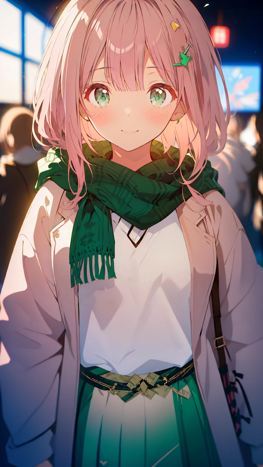 {{{{tmasterpiece}}}}, {{{ultra - detailed}}}, {{{A high resolution}}}, {{Good anatomy}}, (((Best quality at best))), ((Maximalism)),((Emerald eyes,with pink hair)),{{Extremely detailed and refined}}, {8k CG wallpaper}, {{illustratio,Get on camera,closeup of face,Face portrait}}, (long whitr hair|detailed hair|bluntbangs|shinny hair),((shirt coat: The white,plaid shirt,Outerwear with hoodie,brown knitted scarf)),proud face,Blushing with joy,girlfriend lens,(1 girl:1), Alone,little breast, (color difference:1.2)