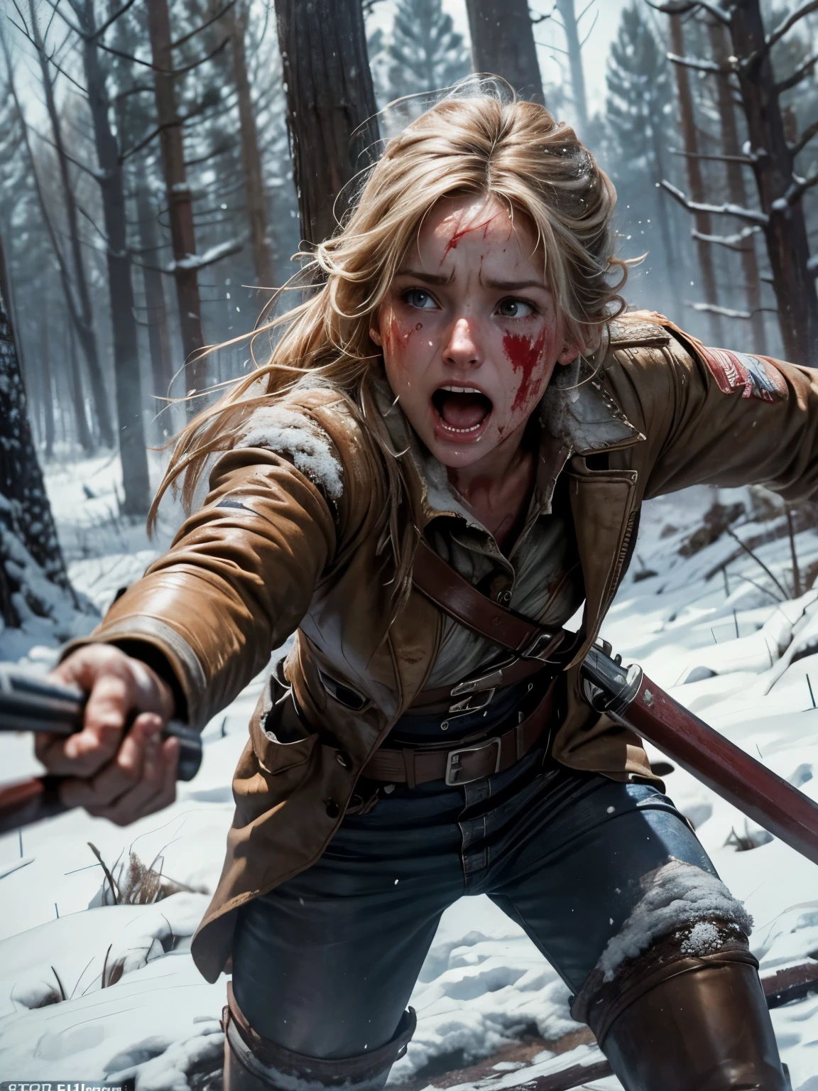 Helen Skelton, American Civil War, close-up action shot from ground level, naked Confederate soldier, swearing, sweating, damp hair, bloodied, on a bloody battlefield, forest, snow, explosion, fires