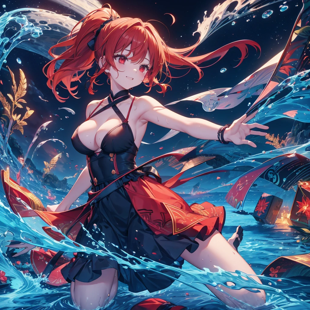 food, basket, flip flops, vinyl sheet, Beaches and sands, Calm expression, Perfect hands, elder, Red Hair, The dignity of a 50-year-old, 落ち着きのあるwoman, solo、(Highly detailed background:1.0)、(Highly detailed background:1.0)、masterpiece、Highest quality、(Babes)、Fractal Art、Red eyes、Narrow eyes、black and red dress, Reddish cheeks、Tropical Sea、From the shoulders up、Recall、smile、One Woman、Three-dimensional clouds、Venice beach, Red long ponytail, Red eyes,スタイリッシュなアクセサリーsolo, Big Breasts, woman, Take-out, Provocative laughter,40 year old woman,Queen of Sadism, Highly detailed background, Great writing style, Clasp your arms in front of your chest, Splash, Diffuse reflection of light, Perfect Human Medicine, Water breathing, Bare Skin, barefoot, Sweat,