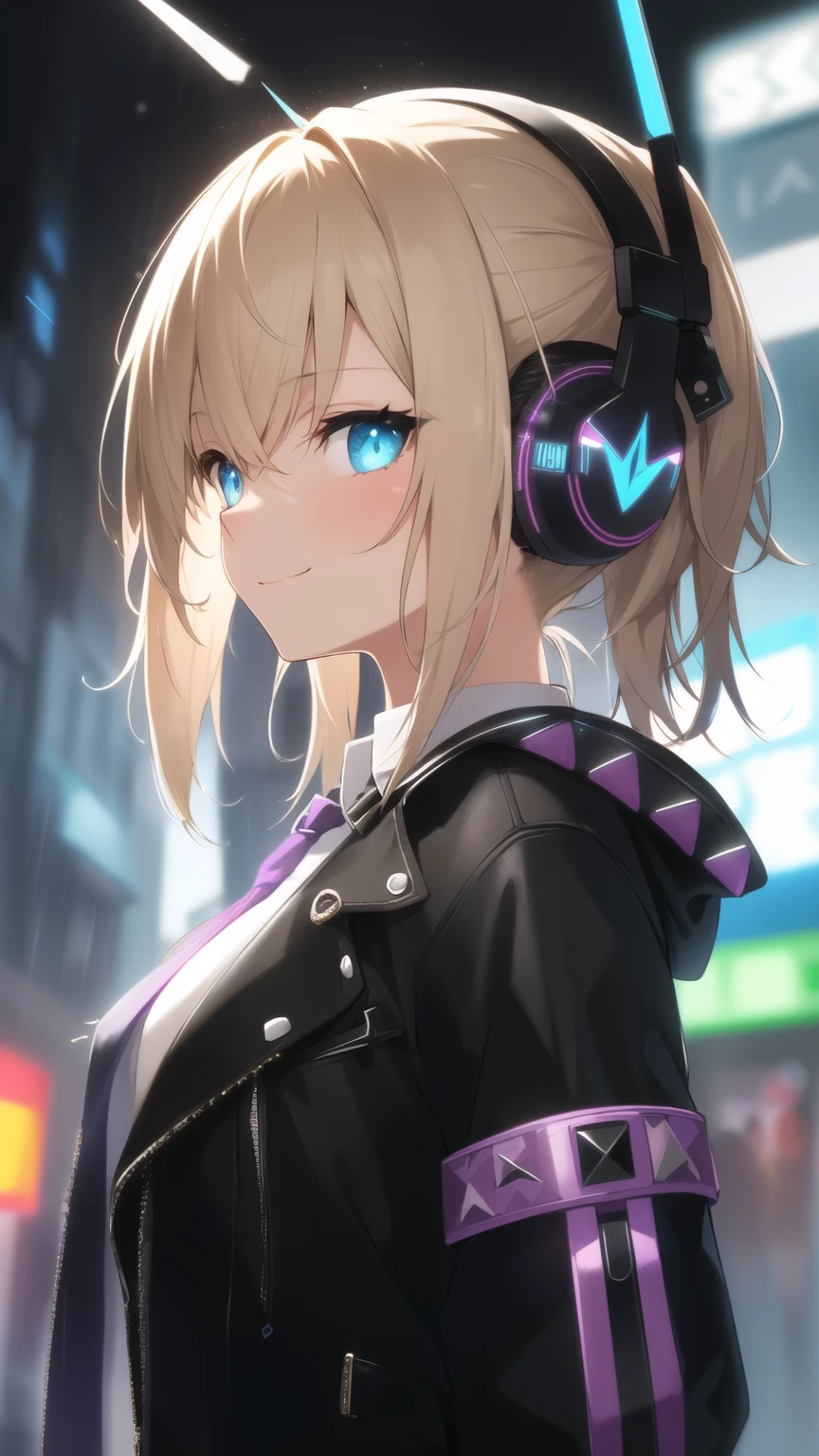 chromatic aberration, Depth of written boundary, Soft lighting, masterpiece, Highest quality, complicated, Tone Map, Very detailed, Art Station, Concept Art, Smooth, Sharp focus, Dramatic lighting, Very detailed artwork, Cinematic, hyper Realistic painting, Art Stationでトレンド, 8K, Incredible Shadows, Realistic, (Very detailed background:1.0), A Very detailed portrait of a solo 1girl standing on a street corner, During a rainstorm with thunder and cloudy skies, neon and cyberpunk background, she is wearing punk clothes with silver chains and silver spikes, She has butterfly-wing hair clips in her messy hair., She is wearing headphones and a tie, , Have clear pupils、Shiny blue eyes, Blonde, smile, punk, cyberpunk, Backlight
