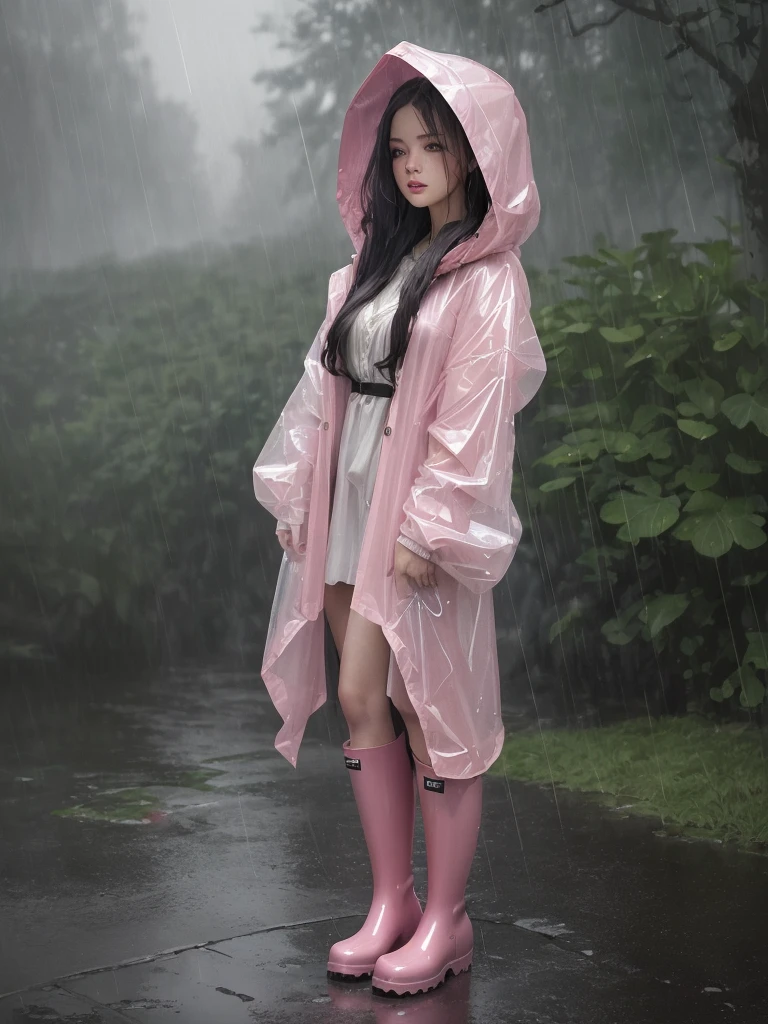 a pretty girl in a long pink shiny A frame buttoned thick raincoat, tall pink rainboots, long hair, wearing a hood, soaking wet in the rain, detailed facial features, beautiful detailed eyes, beautiful detailed lips, extremely detailed face and eyes, longeyelashes, photorealistic, 8k, masterpiece, highly detailed, intricate details, cinematic lighting, dramatic lighting, moody atmosphere, rainy, stormy weather, lush nature, forest background
