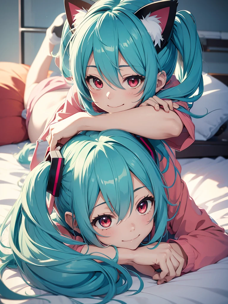 hatsune miku, wake up, pijama, red eyes, cat ears, smiling