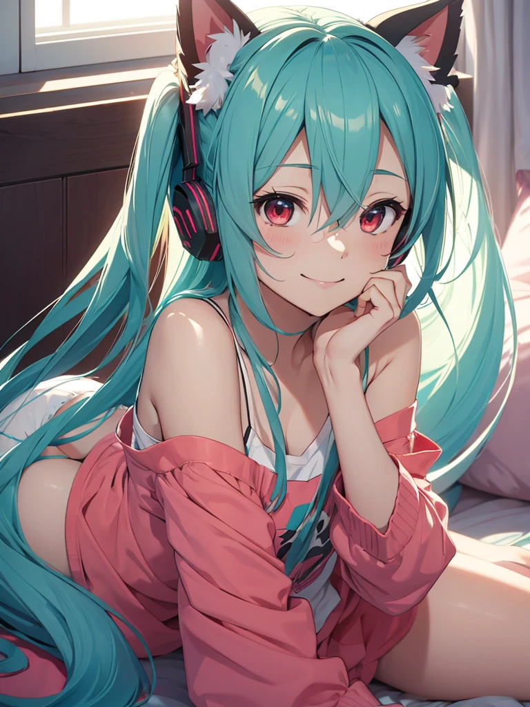 hatsune miku, wake up, pijama, red eyes, cat ears, smiling