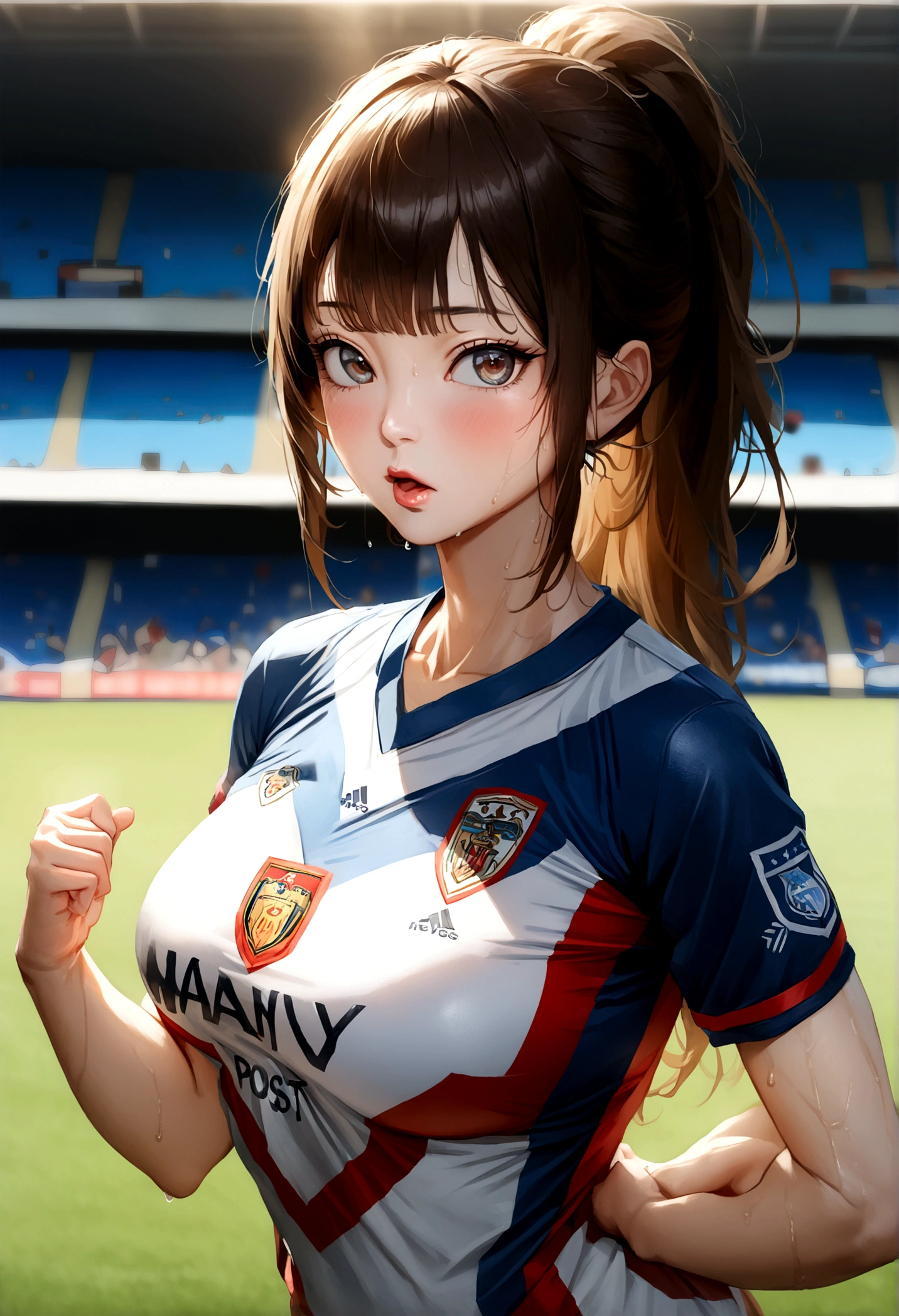(8K、Highest quality、Masterpiece:1.2)、(Realism of the post、Virtual image:1.37)、Very detailed、Highest quality、high resolution、professional lighting、Photon mapping、Radio City、Physical rendering、movie light、play football、depth of field,in focus,rays of sunlight,has a good structure,(blurred background:1.2),1 woman,(Whole Esbian),(shut your mouth),beautiful eyes,Posing obscenely,Zoom out,Football Kits,brown hair,Beautiful straight hair,Ponytail(Ulzzang-6500:1.2) Mix 4, hiqcgbody、sweaty beauty、big, full breasts、Beautiful woman in Football Kits、sexy drama、Realistic photos、football field、A face with intricate details、beautiful and perfect、Muscle Beauty