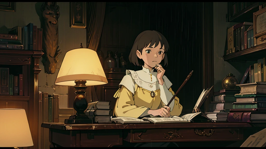 A girl, ensconced in a cozy corner on a rainy evening, sits surrounded by a jumble of books with an intensely profound study attitude. The soft yellow glow of the desk lamp illuminates her thoughtful expression, revealing her deep concentration and composed posture. Her inquisitive eyes dart back and forth between the pages, her nimble fingers turning them with subtle tilt, as she absorbs the old world wisdom contained within. The timeworn margins and sultry aura of the books add to the quiet night ambiance, creating a peaceful and tranquil countenance. This scholarly young woman, clad in plain attire, appears to be a seeker of knowledge and intellect,Width cat