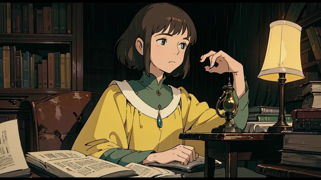 A girl, ensconced in a cozy corner on a rainy evening, sits surrounded by a jumble of books with an intensely profound study attitude. The soft yellow glow of the desk lamp illuminates her thoughtful expression, revealing her deep concentration and composed posture. Her inquisitive eyes dart back and forth between the pages, her nimble fingers turning them with subtle tilt, as she absorbs the old world wisdom contained within. The timeworn margins and sultry aura of the books add to the quiet night ambiance, creating a peaceful and tranquil countenance. This scholarly young woman, clad in plain attire, appears to be a seeker of knowledge and intellect,Width cat