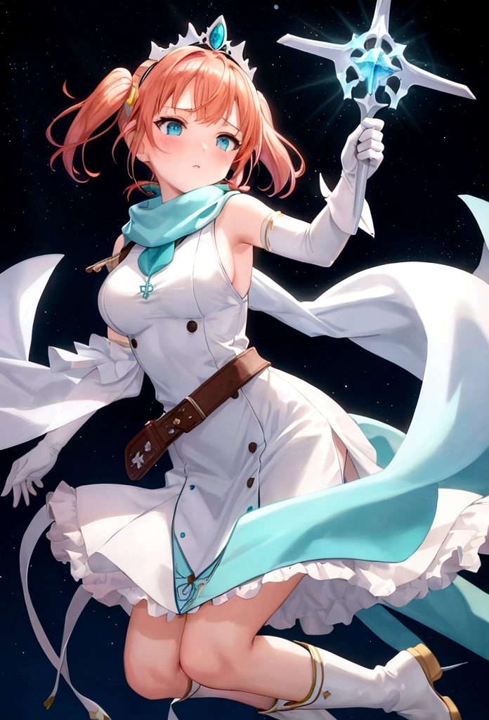 work of art, best qualityer, 2d anime style, White girl, short size hair, twin tails, light orange redhead, blush cheeks, turquoise eyes, long white dress with light blue details, silver details, sleeveless, elbow gloves, light blue scarf, waist belt, docile expression, diadem, Medieval theme, Priest Rpg, castle background, Healer, sky appearing, holding white scepter with blue details. fully body, concept art, Brown boots
