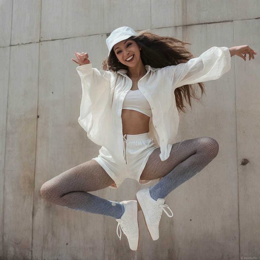 Create an image of a mixed-race female dancer. She is wearing an oversized, loose-fitting shirt made of thick white cotton, white board shorts, white trainers, a white Kangol hat, and blue fishnet tights. The setting is outdoors against a grey concrete effect wall. The scene is lit with natural light and additional fill-in spotlighting that brilliantly illuminates the dancer and her movements. Capture her in a dynamic street dance pose with exaggerated shapes and a happy, excited facial expression. The background should be simple, ensuring the focus remains on the dancer.
