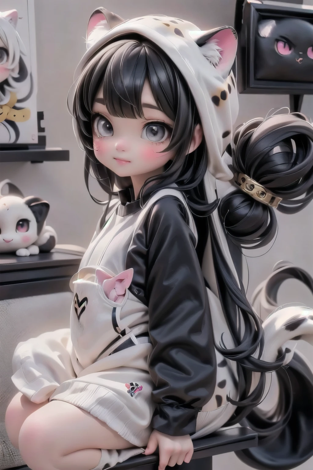cute chibi girl wearing a (cheetah kigurumi)