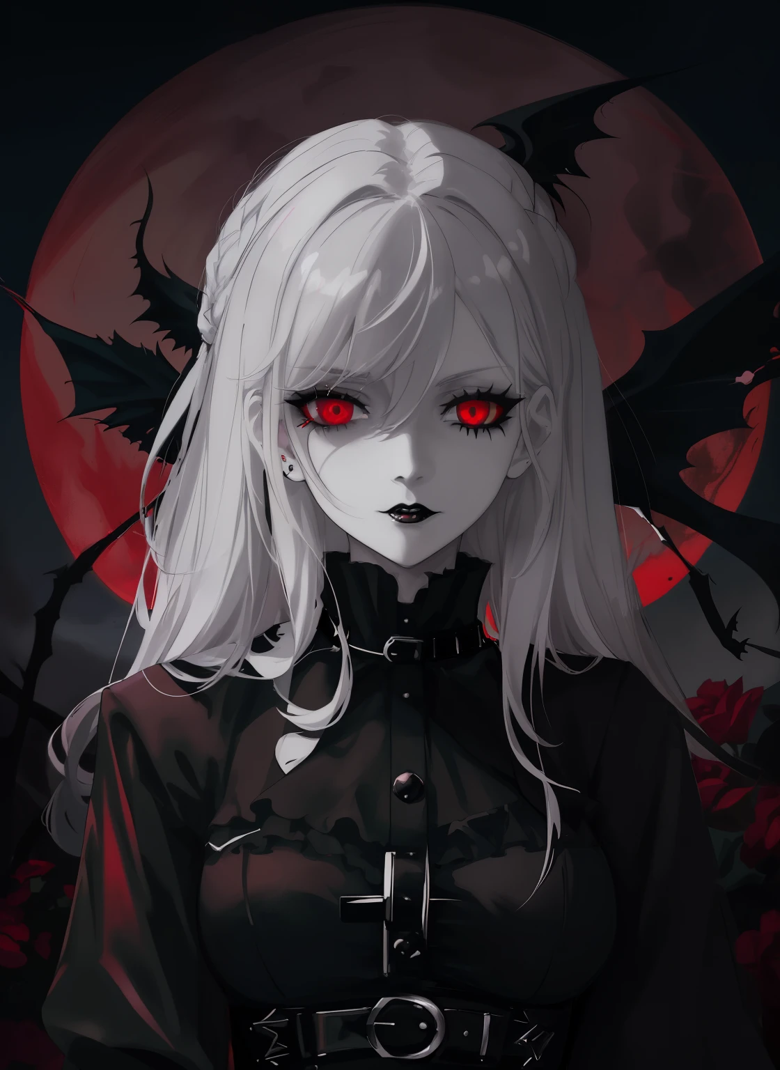 a woman with white hair and black clothes standing in front of a full moon, gothic maiden anime girl, androgynous vampire, vampire girl, 1 7 - year - old anime goth girl, gothic horror vibes, with red glowing eyes, gothic aesthetic, demon anime girl, beautiful vampire queen, ominous gothic aesthetic, with glowing red eyes, dark fantasy style art, dark vampire