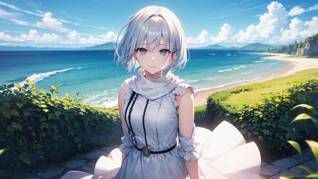 Her eyes were shining、Mysterious and enchanting atmosphere。With AI Painting、とてもShort Hair, Long bangs between the eyes, Very detailed,(masterpiece、Highest quality)、alone、Gray Hair、Fantasy, Silver Hair, Fantasyな風景、White shirt、smile、Open your mouth、Scarf、short hair、Short Hair、hairpin、black eye、Grey Eyes、Beautiful Eyes