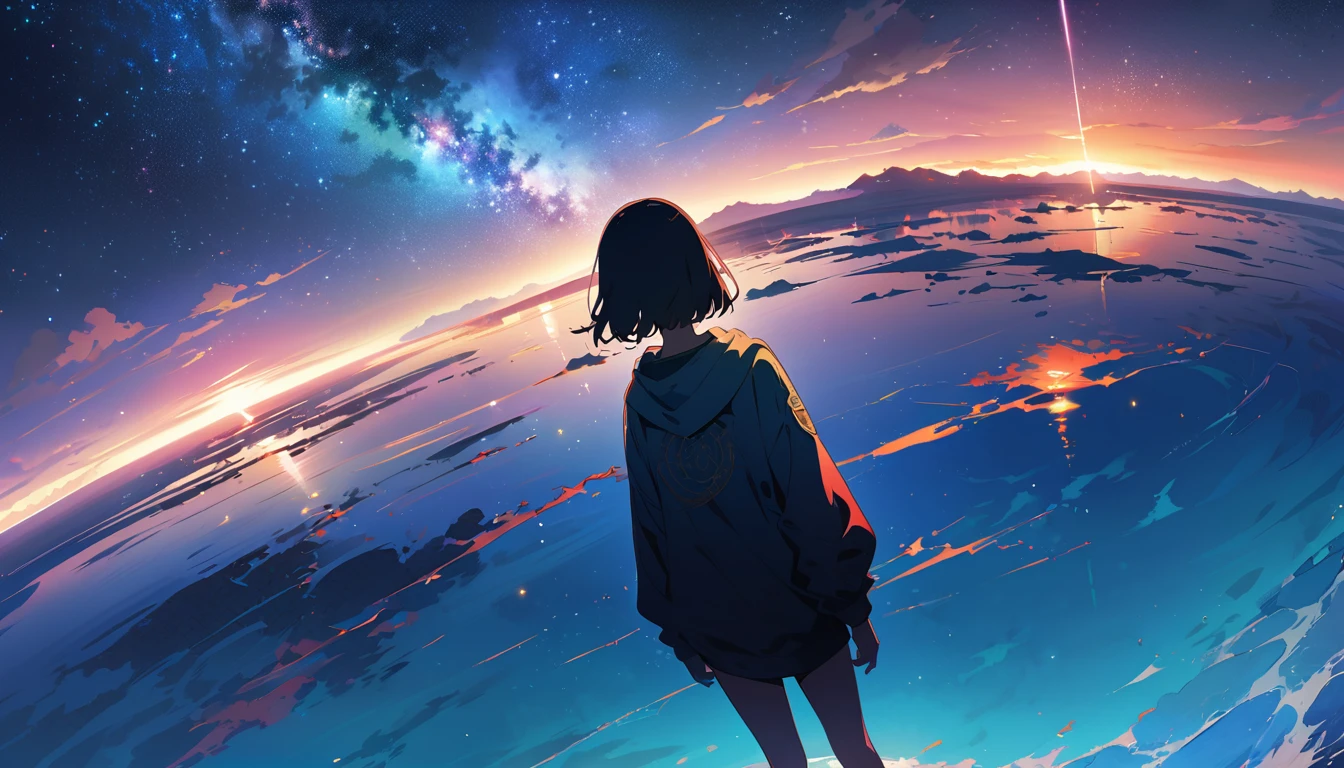 Official Art, Integrated 8K wallpapers, Very detailed, masterpiece, Best image quality,Ultra Wide Angle,night,woman,Standing by the salt lake,Water is like a mirror,Reflecting the sky,Looking up at the sky,The Milky Way is in the sky,Dynamic Angle, Grace, Bright colors
