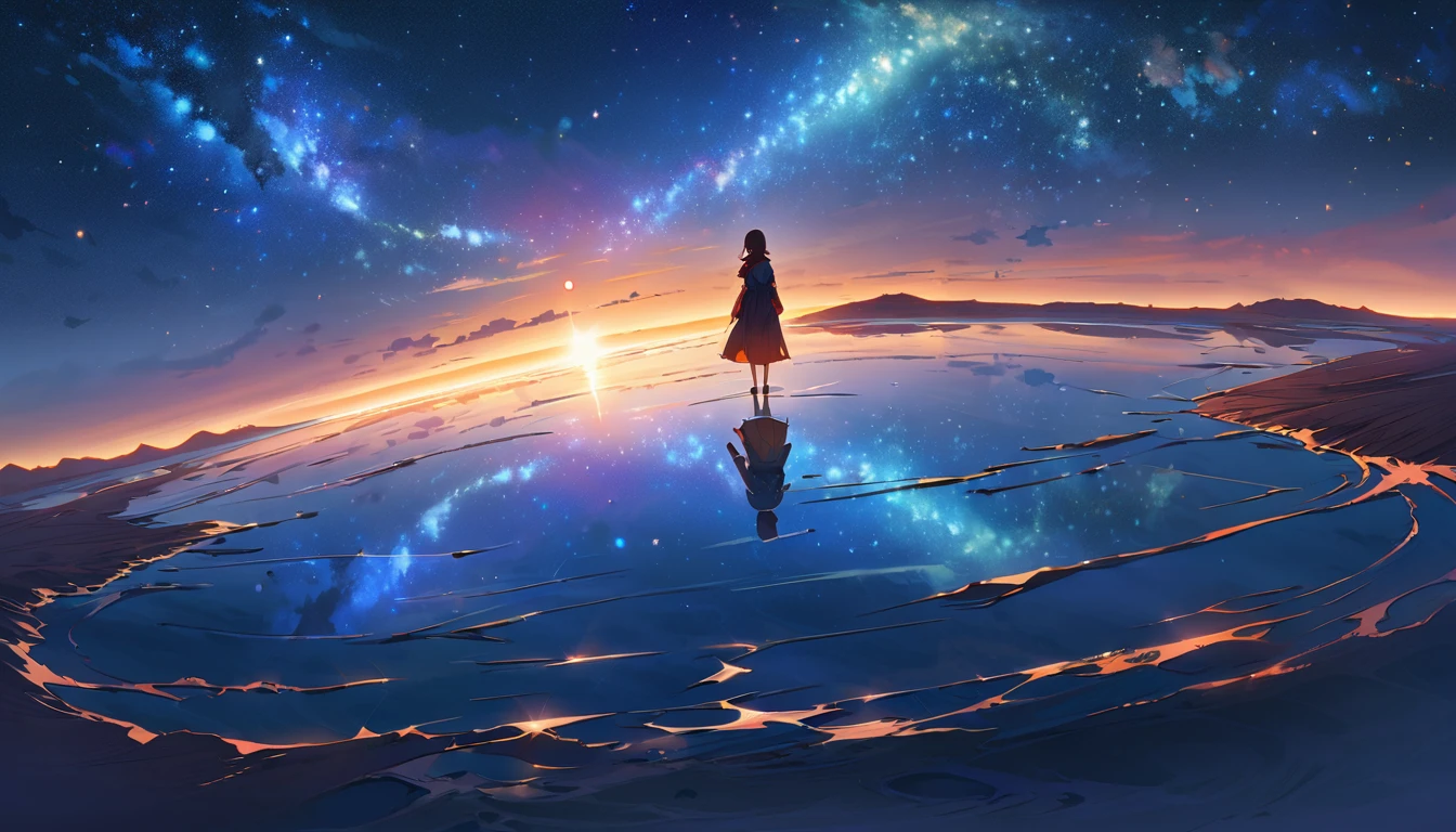 Official Art, Integrated 8K wallpapers, Very detailed,  masterpiece, Best image quality，Ultra Wide Angle，night，woman，Standing by the salt lake，Water is like a mirror，Reflecting the sky,Looking up at the sky，The Milky Way is in the sky，Dynamic Angle, Grace, Bright colors