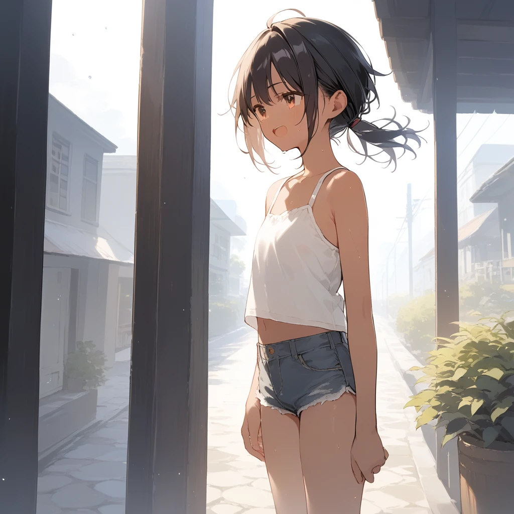 score_9, score_8_up, score_7_up, source_anime, best quality, masterpiece, official art, absurdres, highres, ultra-detailed,waifu2x,Collection: Slice of Life,break,1girl, tomboy, dark-skinned female, short hair, low ponytail, flat chest, beautiful detailed eyes, short shorts, sweat, open mouth, (yawn:0.3), sleepily, outdoors, wind, break,(clear line illustration:1.2),very high resolution, very aesthetic, super detailed skin, Best sexual lighting powered by famous artist, 8k,cute picture,beauty illustration,photoshop_(medium),,(Detailed Lighting),best anime 8k konachan wallpaper, pixiv contest winner,