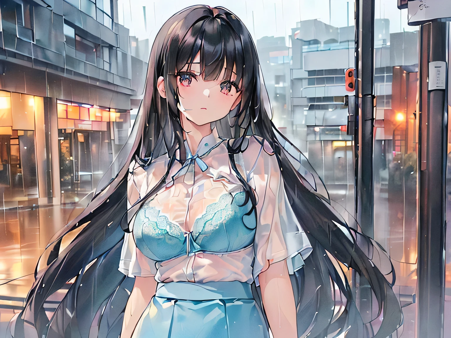 (masterpiece、Highest quality、High resolution、Realistic photo、Real looking skin:1.1)、
(The woman's clothes are wet and transparent from the rain.、I can see the light blue bra:1.8)、
(Please provide a close-up of the upper body.:1.8)、
(standing:1.5)、
(Confused expression:1.5)、
(She is wearing a white short-sleeved blouse that is worn with casual clothes.:1.8)、
(She is wearing a long blue skirt:1.5)、
(I wear pumps on my bare feet:1.5)、
(The bra is light blue:1.8)、
(I have long black hair:1.5)、
(She is 25 years old:1.5)、
(She is good-looking enough to be a receptionist.:1.5)、
(The location was a pedestrian deck in a rainy downtown area.:1.5)、
1 Japanese Girl、solo、Full Body Esbian、Beautiful Eyes、Shining Eyes、Shining thighs、NSFW