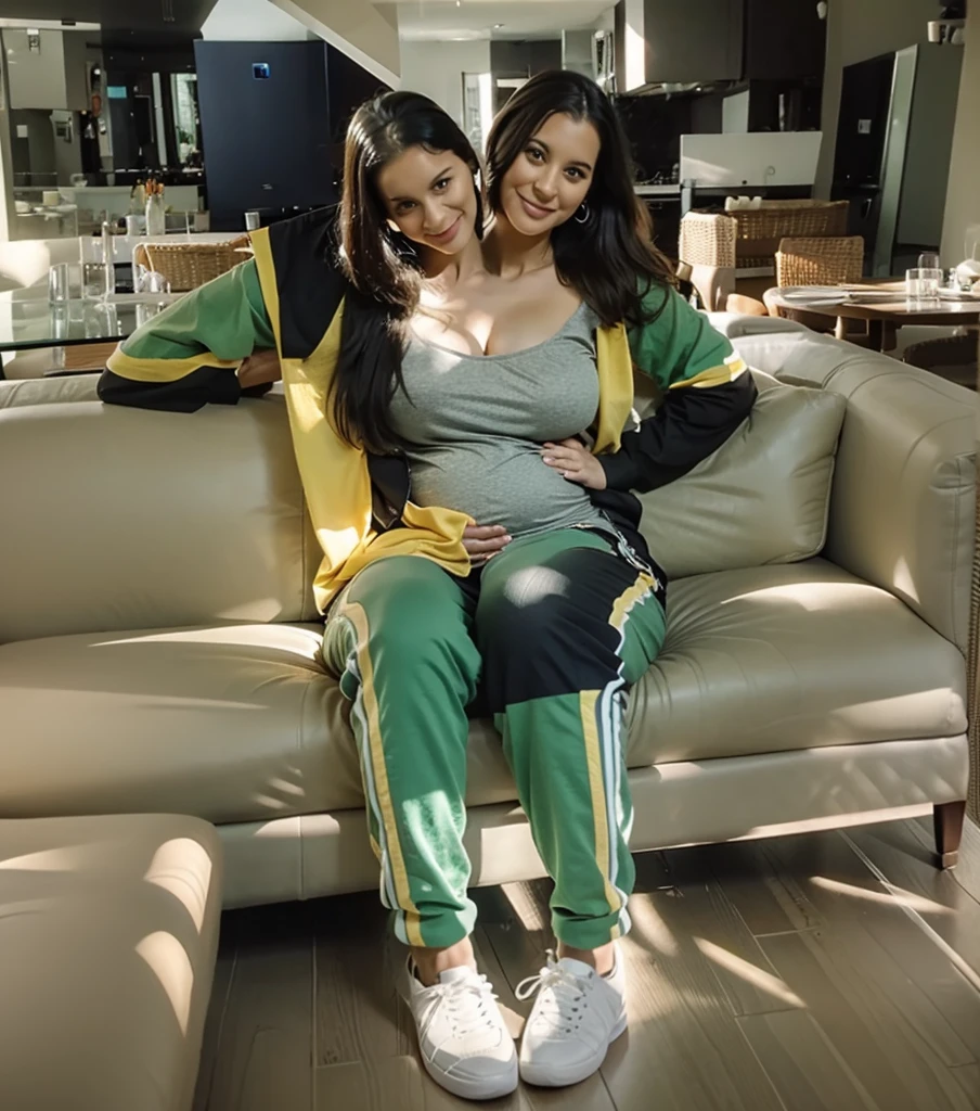 2 heads, Two mothers, 36 years old, During pregnancy, Curvy, Casual Dresses, sneakers, Happy, Sitting on the couch,
