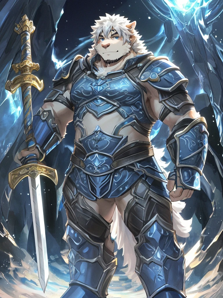 (((a furry sheep))), white fur, (((shoulder long silky hair))), (((handsome, slim fit, small face, ikemen))), paladin, (((white sheep))), ((dark blue armor)), full body, tall, smooth hair, sword and shield, mature, dad,
