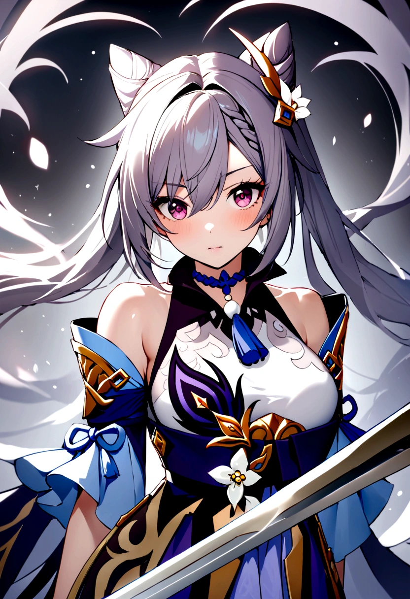 Ultra wide-angle lens, Close-up of frontal photo,mekka male warrior close-up,Future warrior style《mekka 색상: Main color is white,blue,Purple decoration》,(《See Samurai Sword》,Double knife flow,칼 자체가 파란색으로 Light난다),Keqing from genshin impact, (masterpiece) , best quality, high quality,Light, (Exquisite future), Beautiful and beautiful, Very detailed, great composition, floating, Depth of Field, (Very detailed CG,Unity 8K wallpaper), (Beautiful and detailed background), dramatic Lighting, Gogeta, mekka,best quality,Ultra-high 8K Ultra HD,Digital SLR Camera,high quality,Film particle resolution,Delicate face,Rich,milky,Very detailed 피부,Realistic skin details,Visible pores,concentrate,Volumetric Fog,8K Ultra HD,Digital SLR Camera,high quality,Film Grain,Fair skin