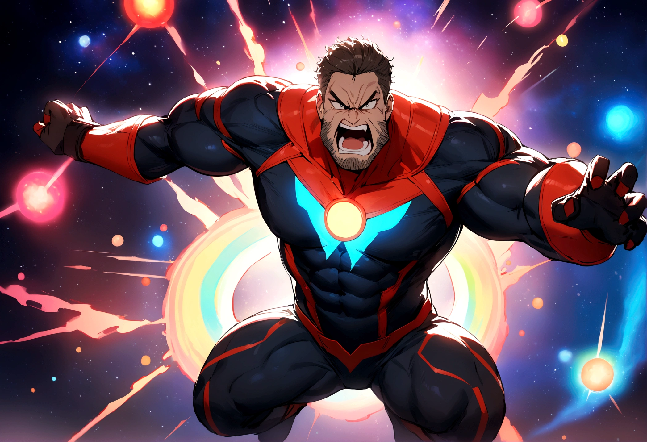 1man, masterpiece, best quality, detailed background, solo, full body, facial hair, muscular male, tight Super Hero Outfit, anger, yelling, furious supernatural power glowing, Space, Outer space, Vibrant Colorful planets, depth of field