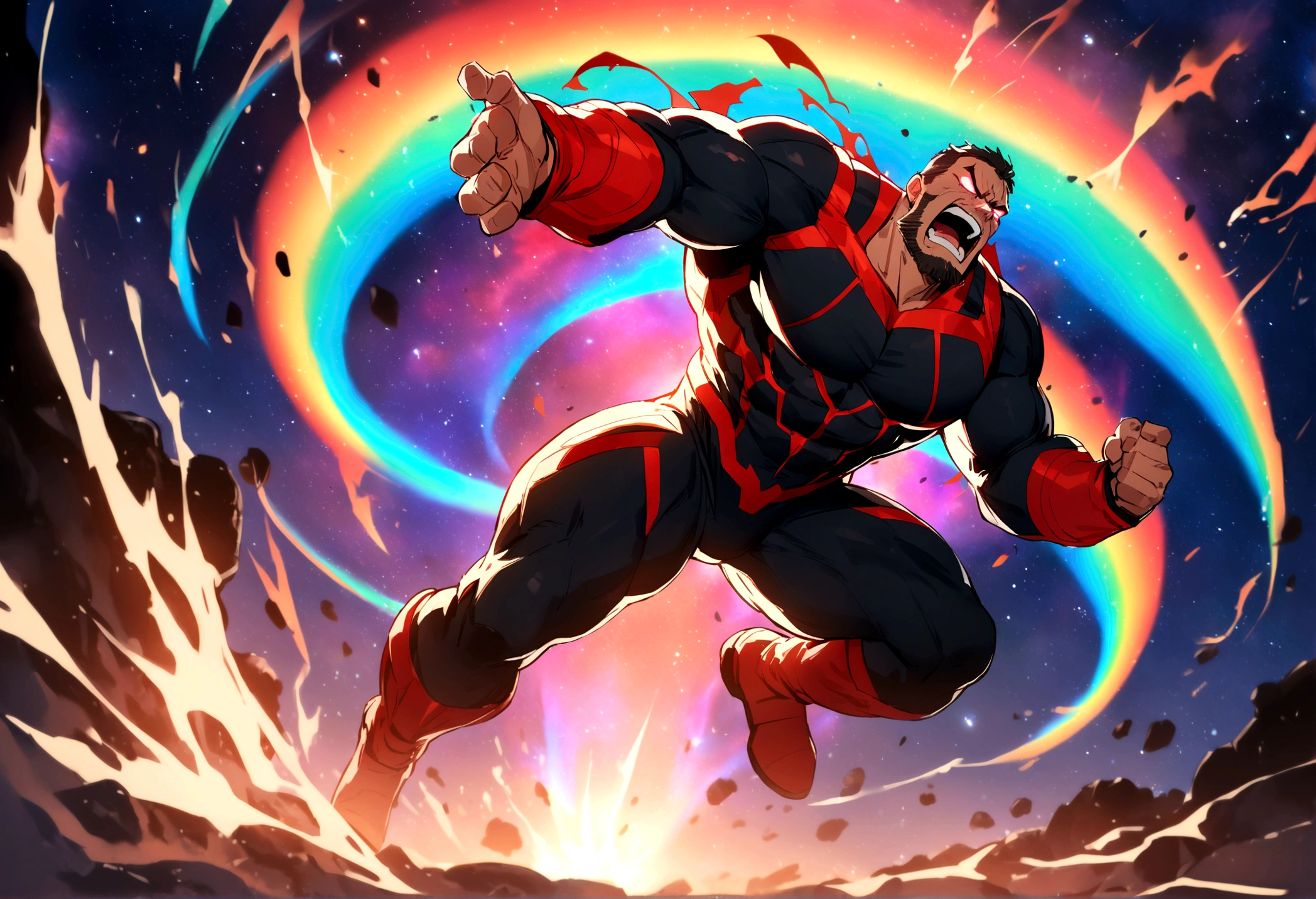 1man, masterpiece, best quality, detailed background, solo, full body, facial hair, muscular male, tight Super Hero Outfit, anger, yelling, furious supernatural power glowing, Space, Outer space, Vibrant Colorful planets, depth of field