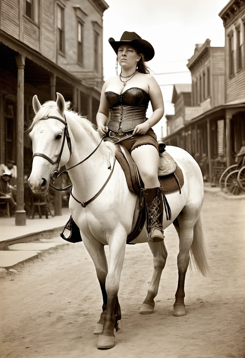 fat woman pot-bellied riding a horse , forty years old , wearing only a leather corset and leather cowgirl boots , leather hat on head, naked body, no panties, smoking a ciggarete, in a Old West city, 1890's, 10 meters farway of the camera, holster with two revolvers on waist, ((riding a white horse))