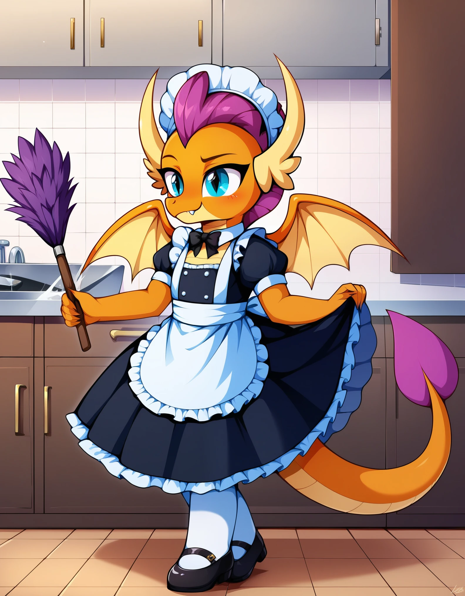 score_9,score_8,source_furry,
1girl, orange body,orange skin,purple hair,dragon,dragon tail,
smolder_mlp,, maid,
maid outfit,
skirt,
stockings,
white stockings,
featherduster,
cleaning,
bonnet,
headwear,
kitchen,