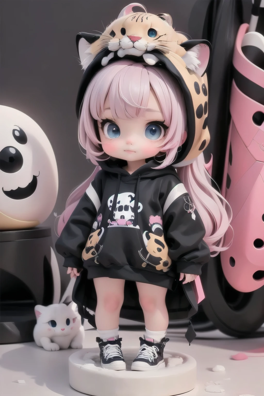 cute chibi girl wearing a (cheetah kigurumi)