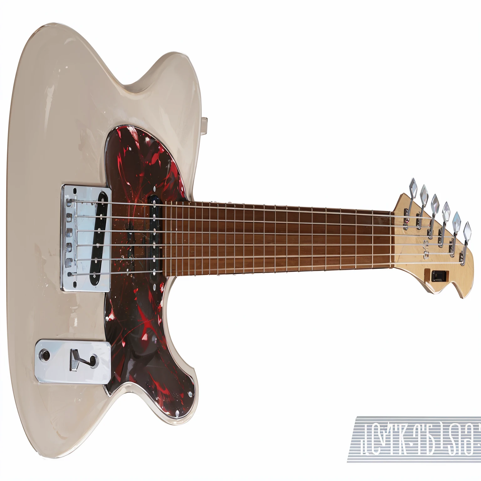 a close up of a Guitar with a black background, translucentSSS, translucent, Cut off, Guitar, Transparent and fair skin, front Photo, detailed picture, Front view full picture, bleak tone, High-detail product photos, electric Guitar, translucentSSS xray, Smooth and streamlined, translucent体, Close-up of the body, High-resolution product photos, Silver, white and red details