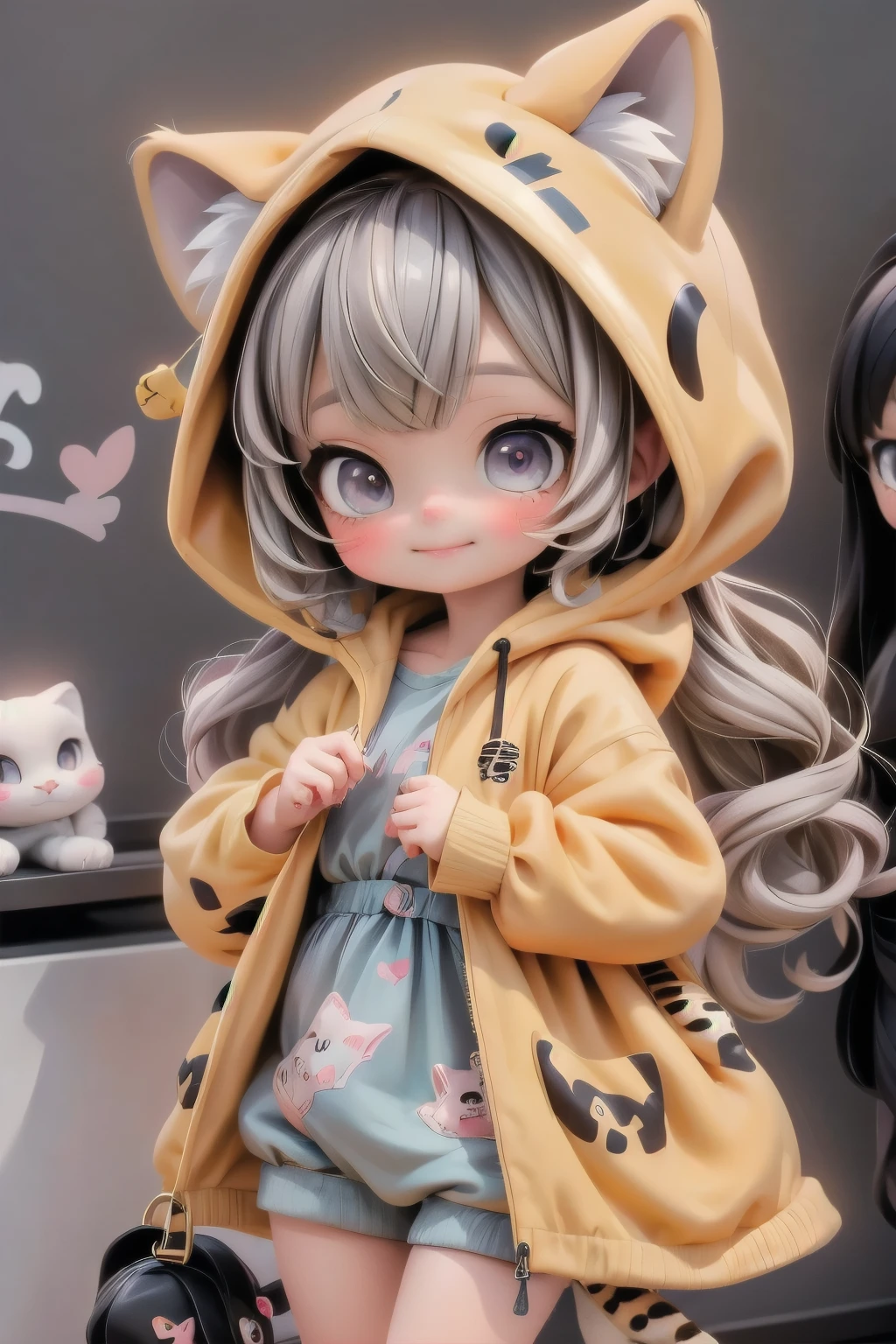 cute chibi girl wearing a (cheetah kigurumi)