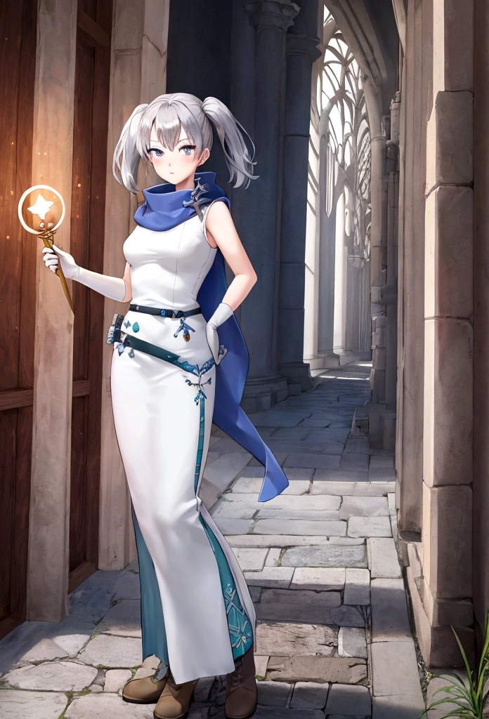 work of art, best qualityer, 2d anime style, White girl, short size hair, twin tails, light orange redhead, blush cheeks, turquoise eyes, long white dress with light blue details, silver details, sleeveless, elbow gloves, light blue scarf, waist belt, docile expression, diadem, Medieval theme, Priest Rpg, castle background, Healer, sky appearing, holding white scepter with blue details. fully body, concept art, Brown boots
