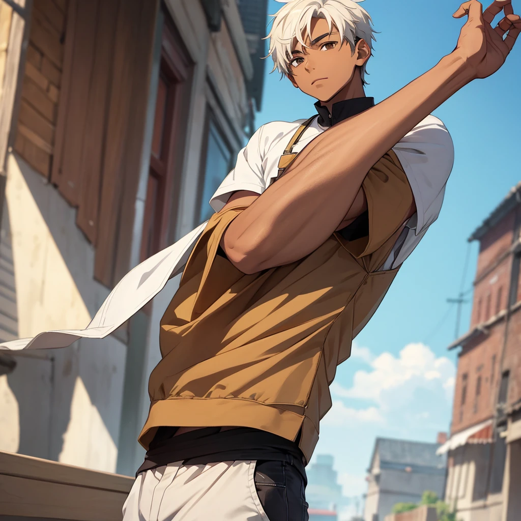 Brown anime boy with short white hair