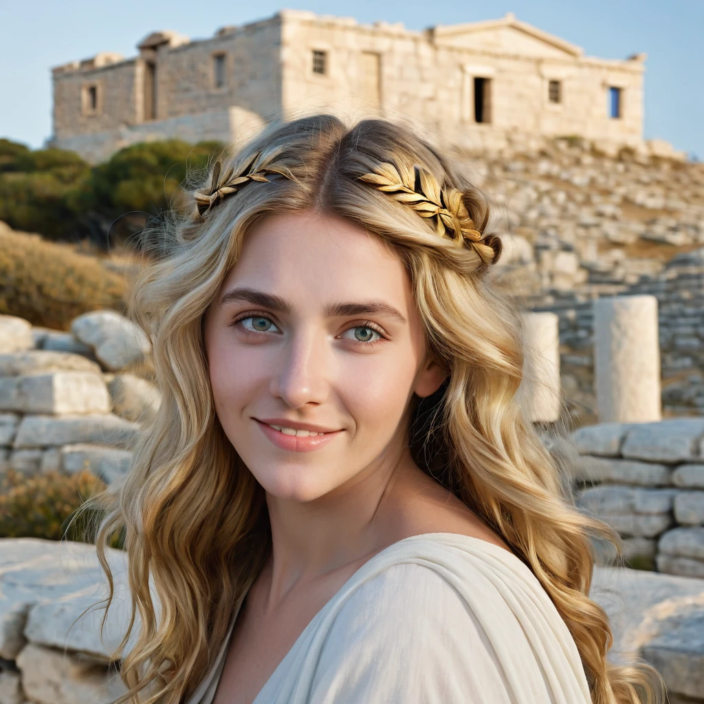mackenna grace face, greek woman, golden hair, long hair, golden eyes, smiling, 30 years old, ancient greece, chiton, greek background, sleepy face and eyes, ancient greece buildings on background, greek hairdo, pale skin, natural beauty
