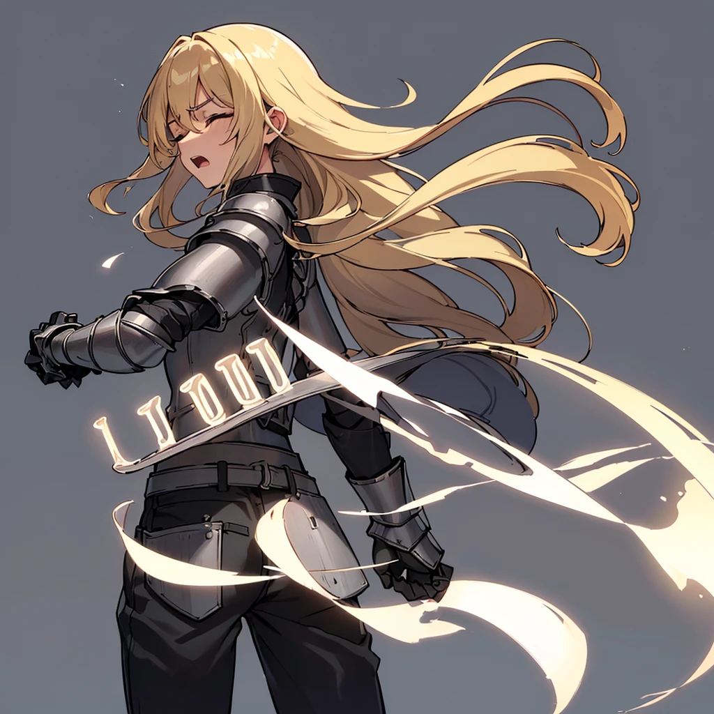 (((Solo)))、Highest quality, Best Quality、(((Gray simple armor、Black trousers))、(woman、18-year-old)、(Blonde、Long Hair)、(Cowboy Shot)、(Simple Background)、(get annoyed、Open your mouth)、(Close your eyes、Close your eyes)、(From the back)