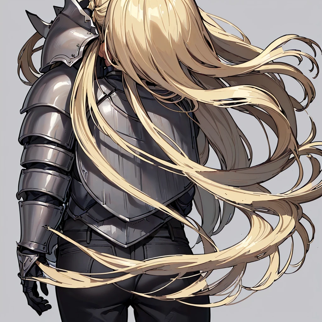(((Solo)))、Highest quality, Best Quality、(((Gray simple armor、Black trousers))、(woman、18-year-old)、(Blonde、Long Hair)、(Cowboy Shot)、(Simple Background)、(get annoyed、Open your mouth)、(Close your eyes、Close your eyes)、（From the back)