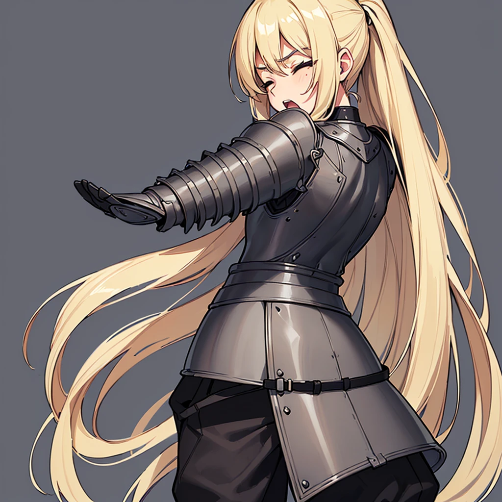 (((Solo)))、Highest quality, Best Quality、(((Gray simple armor、Black trousers))、(woman、18-year-old)、(Blonde、Long Hair)、(Cowboy Shot)、(Simple Background)、(get annoyed、Open your mouth)、(Close your eyes、Close your eyes)、（From the back)