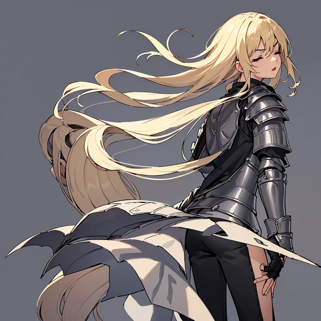 (((Solo)))、Highest quality, Best Quality、(((Gray simple armor、Black trousers))、(woman、18-year-old)、(Blonde、Long Hair)、(Cowboy Shot)、(Simple Background)、(get annoyed、Open your mouth)、(Close your eyes、Close your eyes)、(From the back)