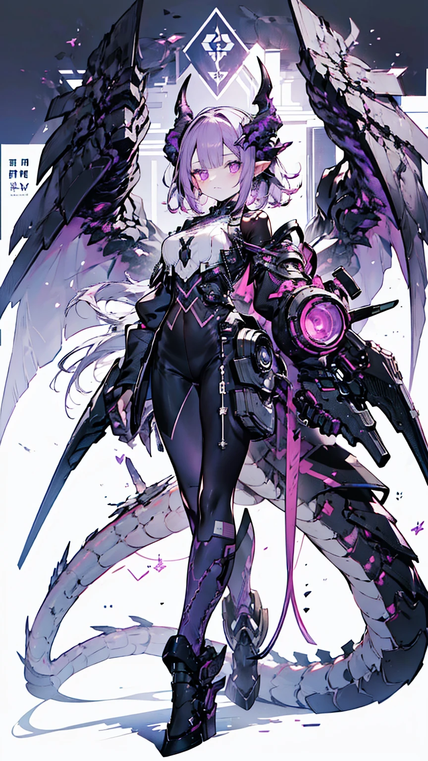 Deep Dark Purple Short bob hair, purple eyes, dark grey long-sleeved shirt, Black trousers, Deep dark purple overcoat, Cyber dragon, hacker, Purple horn, Cyborg, Hologram, Gigantic Purple dragon wing, One gigantic dragon, Cyber background